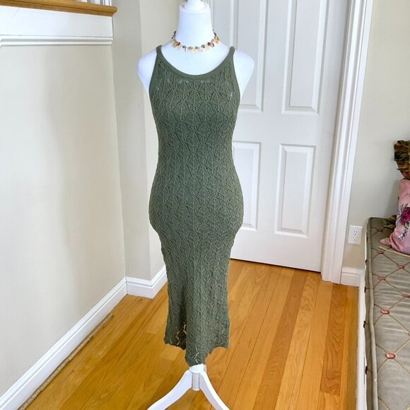 Rachel Zoe Sweater Dress Open Weave Midi Length Military Green Cotton Blend (S) - Picture 1 of 9